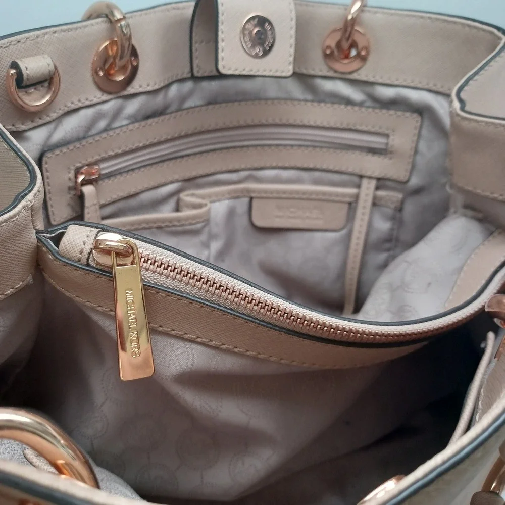 Michael Kors Cynthia Tote Neutral Tan Saffiano Leather Hand Painted Floral Bag